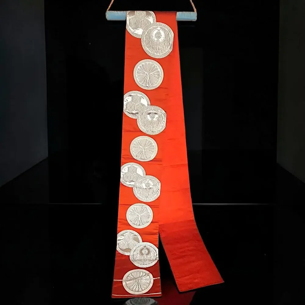 VTG Japanese Silk Fukuro Obi Vermilion Orange Gold Brocade  Kimono Sash 164